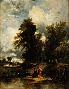 Millpond with children fishing by William James Muller