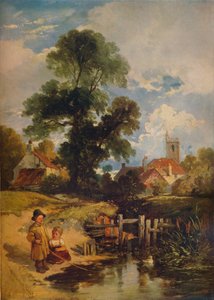 River Scene with Children: The Young Anglers by William James Muller