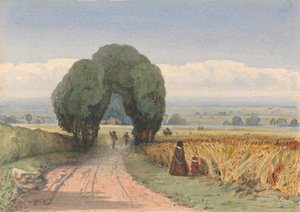 Woman and Child on a Road Bordering Fields of Ripe Corn at Moreton-in-Marsh