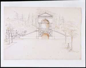 Chiswick, design for a pedimented cascade combined with a road bridge at the end of the canal by William Kent