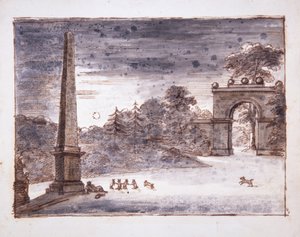 Chiswick, Burlington Lane Gate and the Obelisk in Moonlight with Kent Sitting by the Obelisk Dreaming, and Rabbits at Play