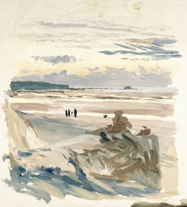 Characters on the Beach, Probably in Amble, with the Silhouette of Fort Vauban in the Light of Dusk by William Lionel Wyllie