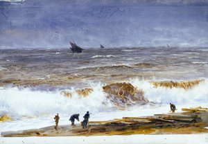 The Beach of Berck-sur-Mer, with Turbulent Seas and Characters on the Beach by William Lionel Wyllie