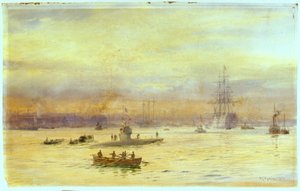 This view looks up the harbour on the Gosport side where a submarine is running in, with another ahead of it. by William Lionel Wyllie
