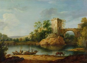 A Wooded Italianate River Landscape with Peasants in a Barge and a Bridge Beyond, c.1770