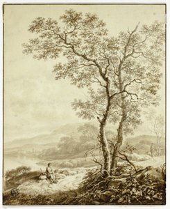 Winding Road Beside Lake, with Large Tree and Resting Traveler in Foreground by William Marshall Craig