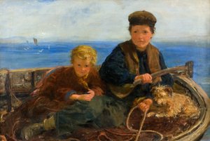Two Boys and a Dog in a Boat
