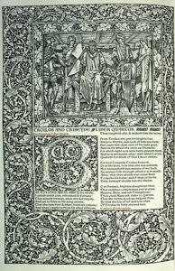 Scene from Troilus and Criseyde, historiated initial B, manuscript with full page-border, 1896 by William Morris
