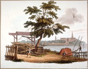 Men moving timber at Bankside, Southwark, London by William Pickett