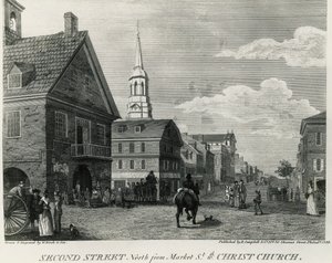 Second Street North from Market Street and Christ Church, Philadelphia, Drawing by William Russell Birch