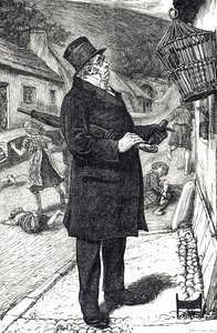 Cartoon depicting a top-hatted man outraged by a pet starling disturbing the Sabbath by making the children laugh and shout at its language by William Small