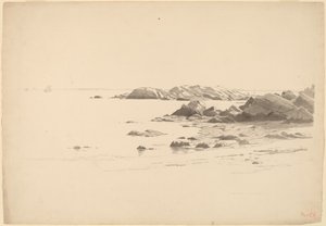 Rocklined Beach with Distant Boats by William Stanley Haseltine
