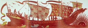 Three tiles depicting a ship sailing at sunset