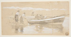 Fisherman and Women Stowing Nets in a Beached Dory, Cullercoats, England by Winslow Homer