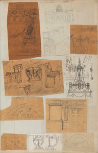 Page from a Scrapbook containing Drawings and Several Prints of Architecture, Int...