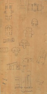 Page from a Scrapbook containing Drawings and Several Prints of Architecture, Int...