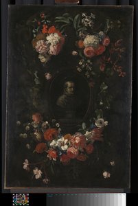 Feigned Sculpted Bust of the Blessed Hieronymus Werdanus Set in a Feigned Stone Cartouche, Decorated with a Swag and Two Bunches of Flowers