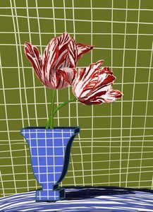 Striped Tulips in Blue Vase by XHOZUCAN
