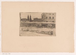 Landscape with Buildings and a Figure at Work by Xavier Mellery (attributed to)