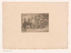 Men unloading sacks from a mule-drawn cart by Xavier Mellery