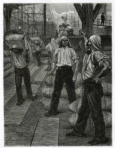 The unloading of a ship, the dockers with their heads covered with a tarmac cap, pile up the goods on the docks of the port of Antwerp. Engraving by X. Mellery, to illustrate the story of Belgium, by Camille Lemonnier, published in the Tour du monde
