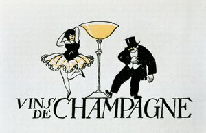 Advertising vignette for Champagne wines representing a couple dancing around a cup, 20th century
