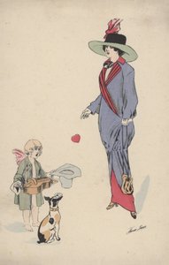 A Begging Cupid Being Paid with a Heart by Fashionably Dressed Tall Girl