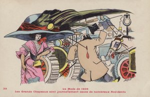 Postcard satirising the dangers of large hats and associated hat pins - the fashion of 1909 by Xavier Sager