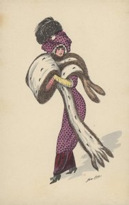 Pretty Girl, in Purple Spotted Dress, with Large Fur Muff and Drape