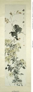 Crested Myna Birds and Chrysanthemums by Xugu