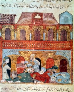The wandering navigator Abu-Zayd and the sleeping merchants. Miniature from the Maqamat (Seances) by Abu Mohammed al-Kasim ibn Ali Hariri (1054-1122) illuminated by Yahya Mahmud al-Wasiti