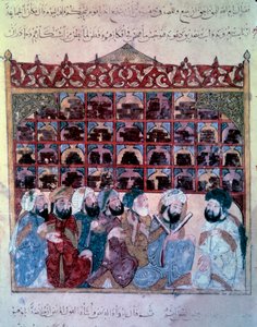 The wandering navigator Abu-Zayd holding a speech in the Basra library. Miniature from the Maqamat (Seances) by Abu Mohammed al-Kasim ibn Ali Hariri (1054-1122) illuminated by Yahya Mahmud al-Wasiti