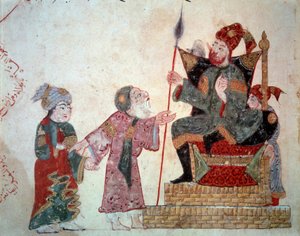 The wandering navigator Abu-Zayd and his son before the Governor. Miniature from the Maqamat (Seances) by Abu Mohammed al-Kasim ibn Ali Hariri (1054-1122) illuminated by Yahya Mahmud al-Wasiti