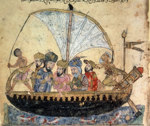 The bourgeois al-Harith, son of Hammam, and the wandering navigator Abu-Zayd on a boat sailing on the Euphrates Miniature from the 