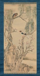 Birds in Willows and Blossoming Peach Tree
