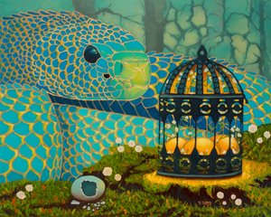 Blue serpent and glowing eggs by Yue Zeng