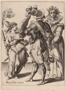 A Blindfolded Cupid Holding a Torch Before a Couple by Zacharias Dolendo after Jacques de Gheyn II