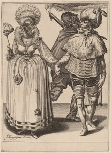 A Man with a Turban Leading a Woman Wearing Peacock Feathers by Zacharias Dolendo after Jacques de Gheyn II