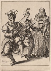 A Veiled Woman with Two Musicians Playing a Gridiron and a Bellows by Zacharias Dolendo after Jacques de Gheyn II