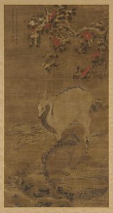 A stag, a doe, and red camellias in snow by Zhou Yuan