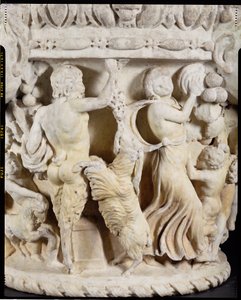 Carved column capital depicting Pan teasing a rearing goat with a bunch of grapes and a maenad beating time with a tambourine, Italian, from Rome, c.180-220 (detail) by Hippolyte Lalaise Devéria