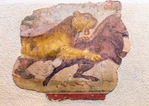 Detail of a Roman mural of a lion attacking a horse