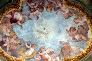 Holy Spirit and Angels, Fresco, Santa Maria delle Vigne Basilica, Genoa, Italy by . .