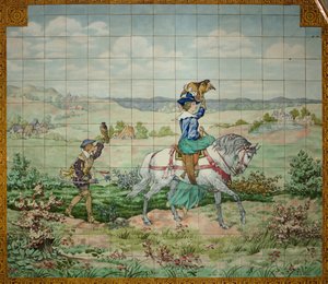 Interior View, Tile Panel, Painter Furcy Ernest Tondeur, Executor Boch Frères La Louvière, Hunting Scene with a Nobleman and a Noblewoman with Falcons