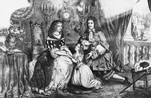 King Louis XIV and his daughter begging the Duchess Louise de La Valliere not to retreat into the convent by Georg Carl Heinrich Dollmann