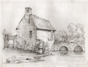 Peasant house on the edge of a river, circa 1830