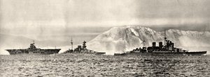 Ships HMS Ark Royal, HMS Malaya and HMS Renown leaving their base in Gibraltar, c.1940