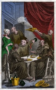 The Feast of Monks Violating Monastic Rules. They Drink Wine, Court the Maids. 18th Century (engraving) by . .