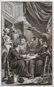 The Feast of Monks Violating Monastic Rules. They Drink Wine, Court the Maids. 18th Century (engraving) by . .