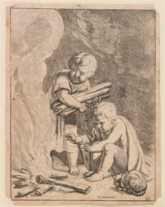 Two Children Making Fire by after Cornelis Holsteyn